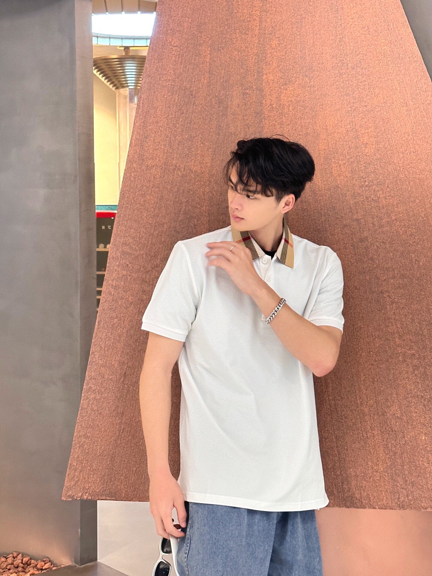 B**rry check collar polo - white
