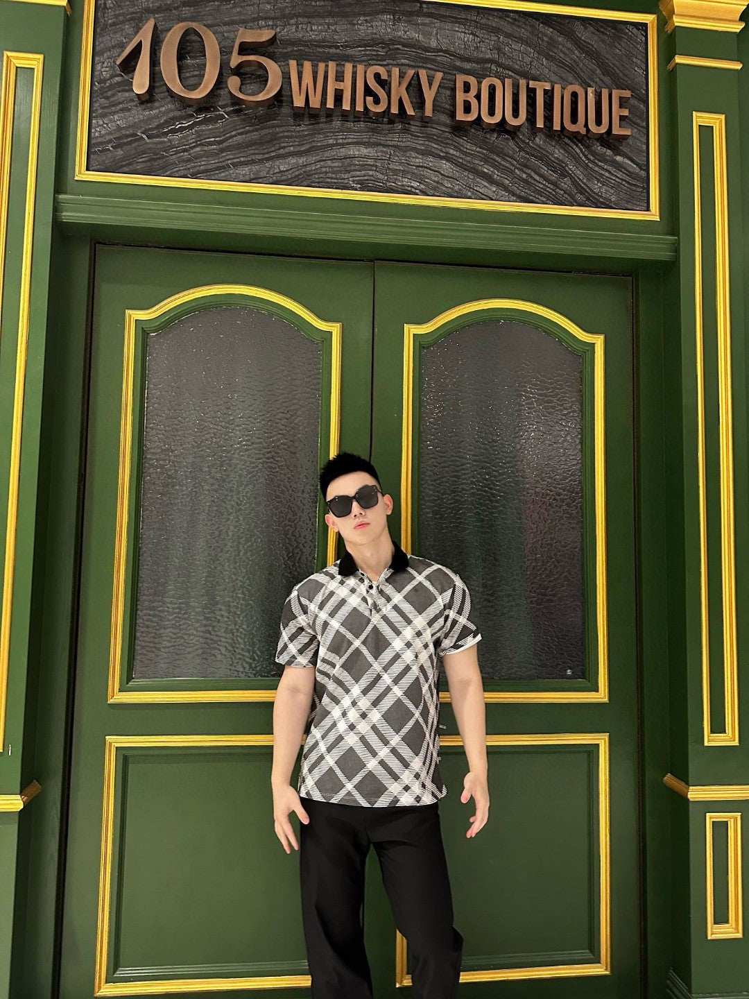 B**rry geometric check polo shirt (black and white)