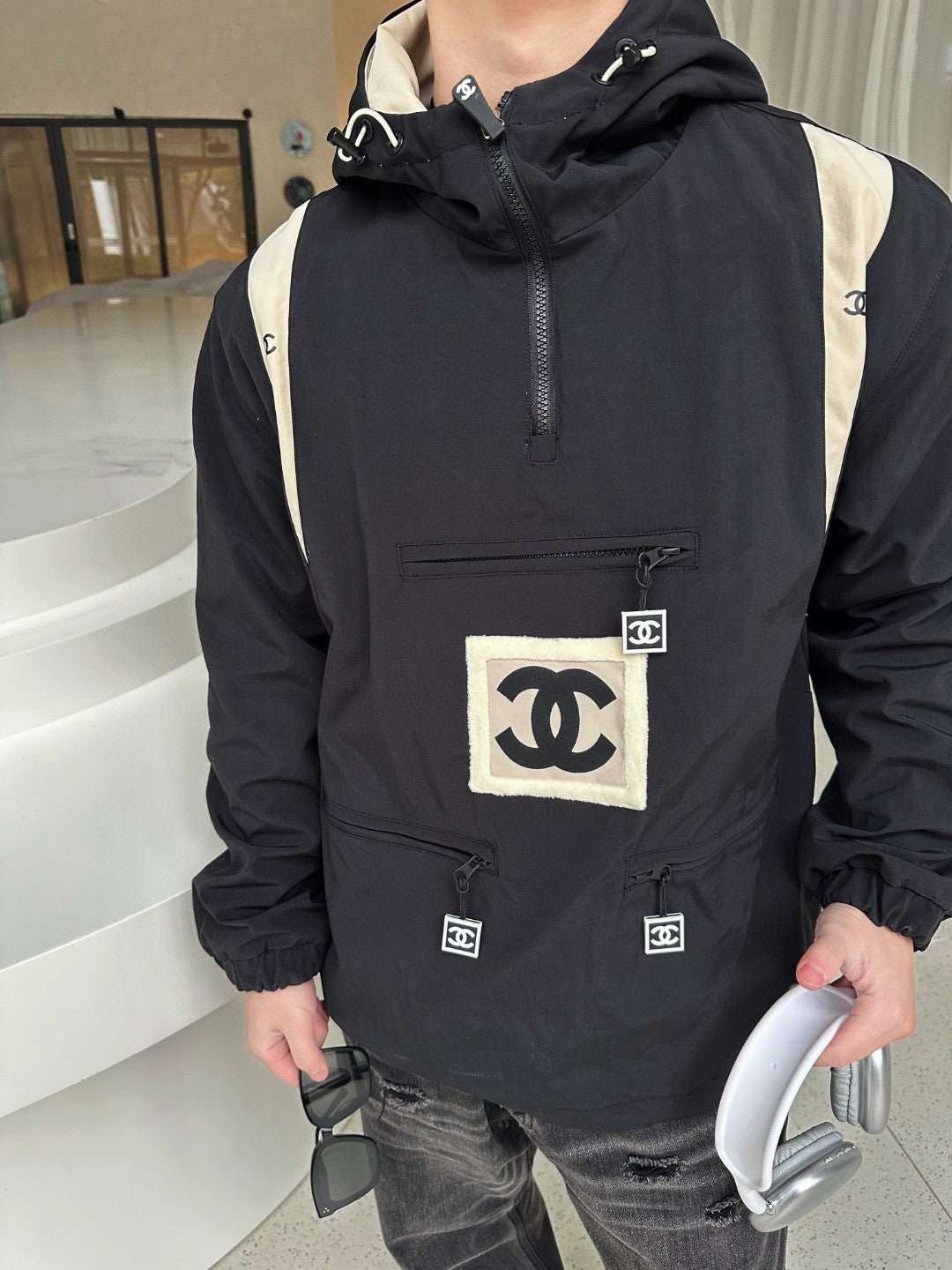 Ch*el two-tone hooded jacket