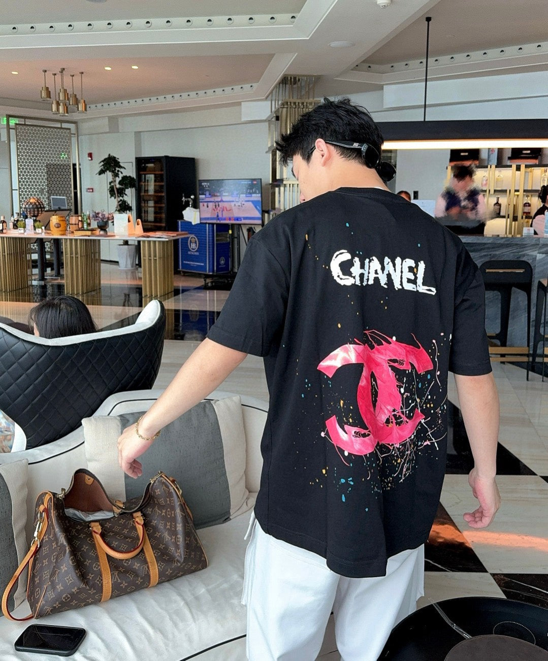 Ch*el pink splash logo black t-shirt