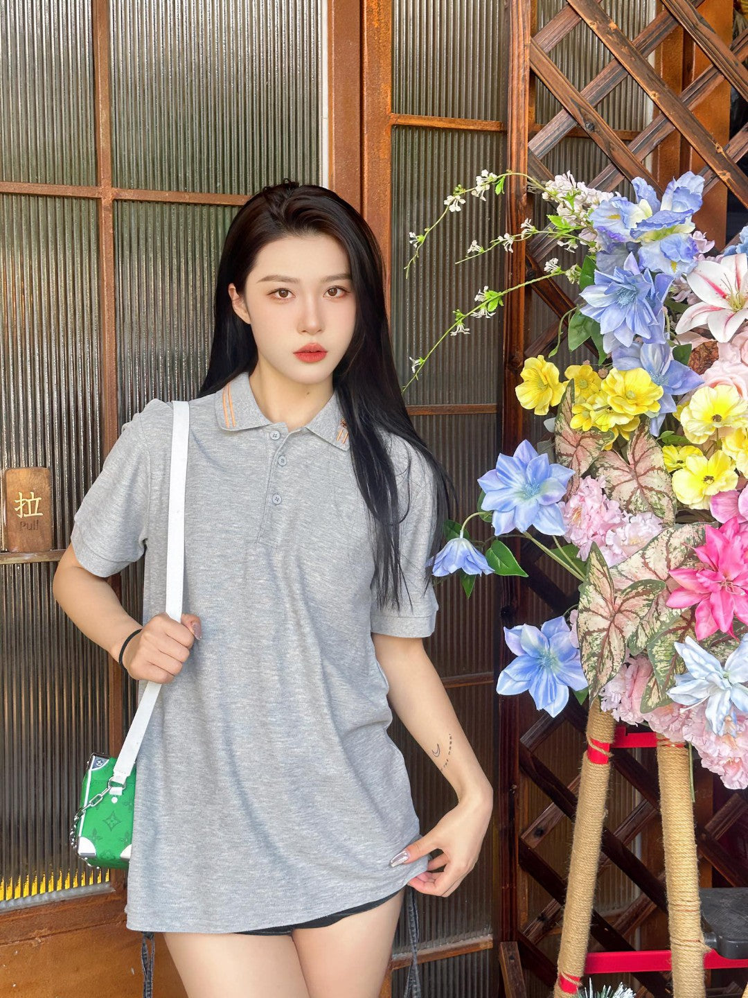 B**rry striped collar polo shirt in grey