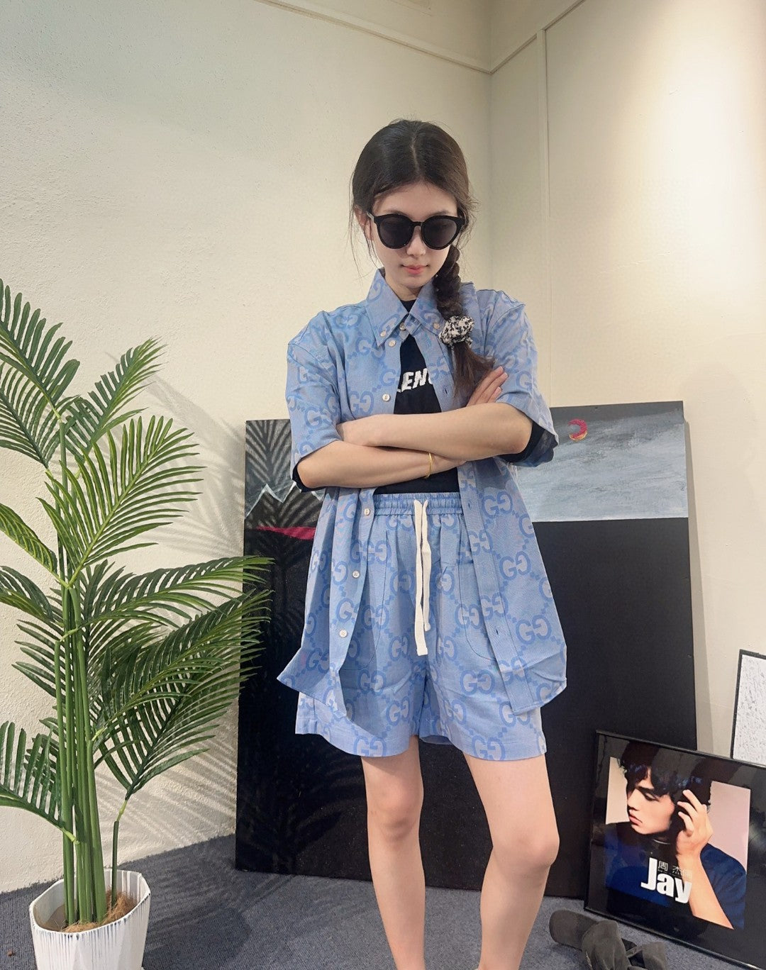 G*u*i allover logo denim shirt
