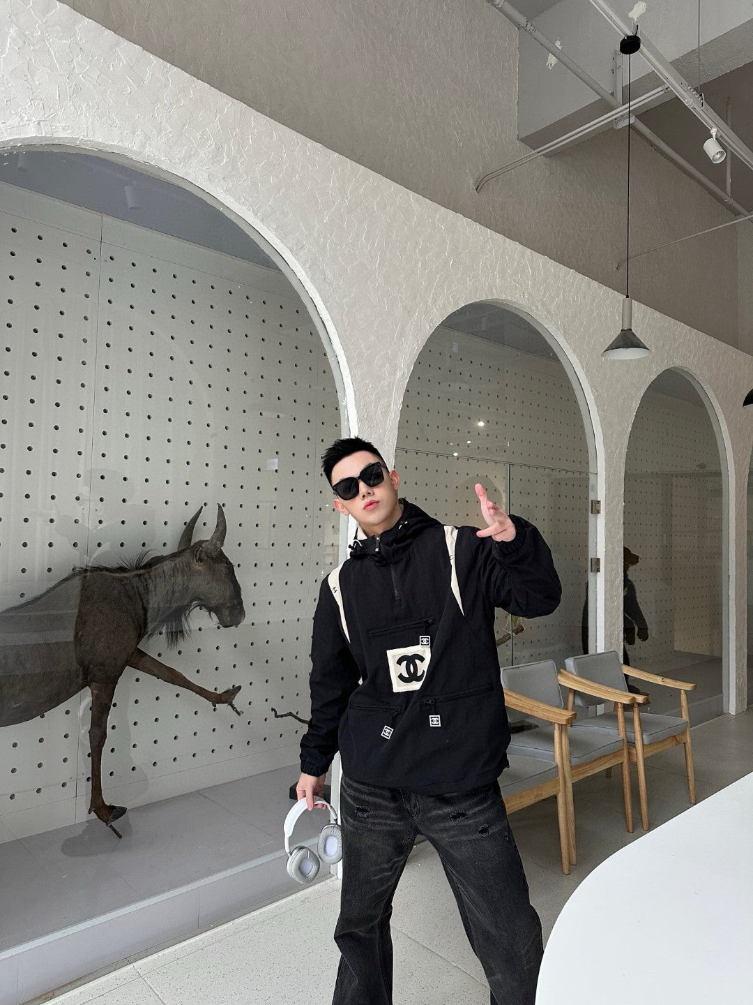 Ch*el two-tone hooded jacket