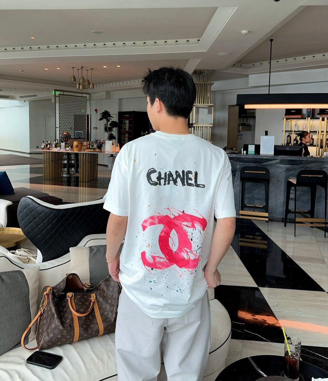 Ch*el pink splash logo t-shirt