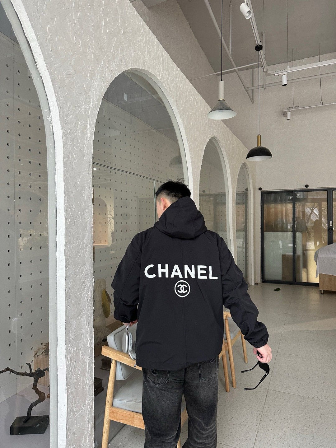 Ch*el two-tone hooded jacket