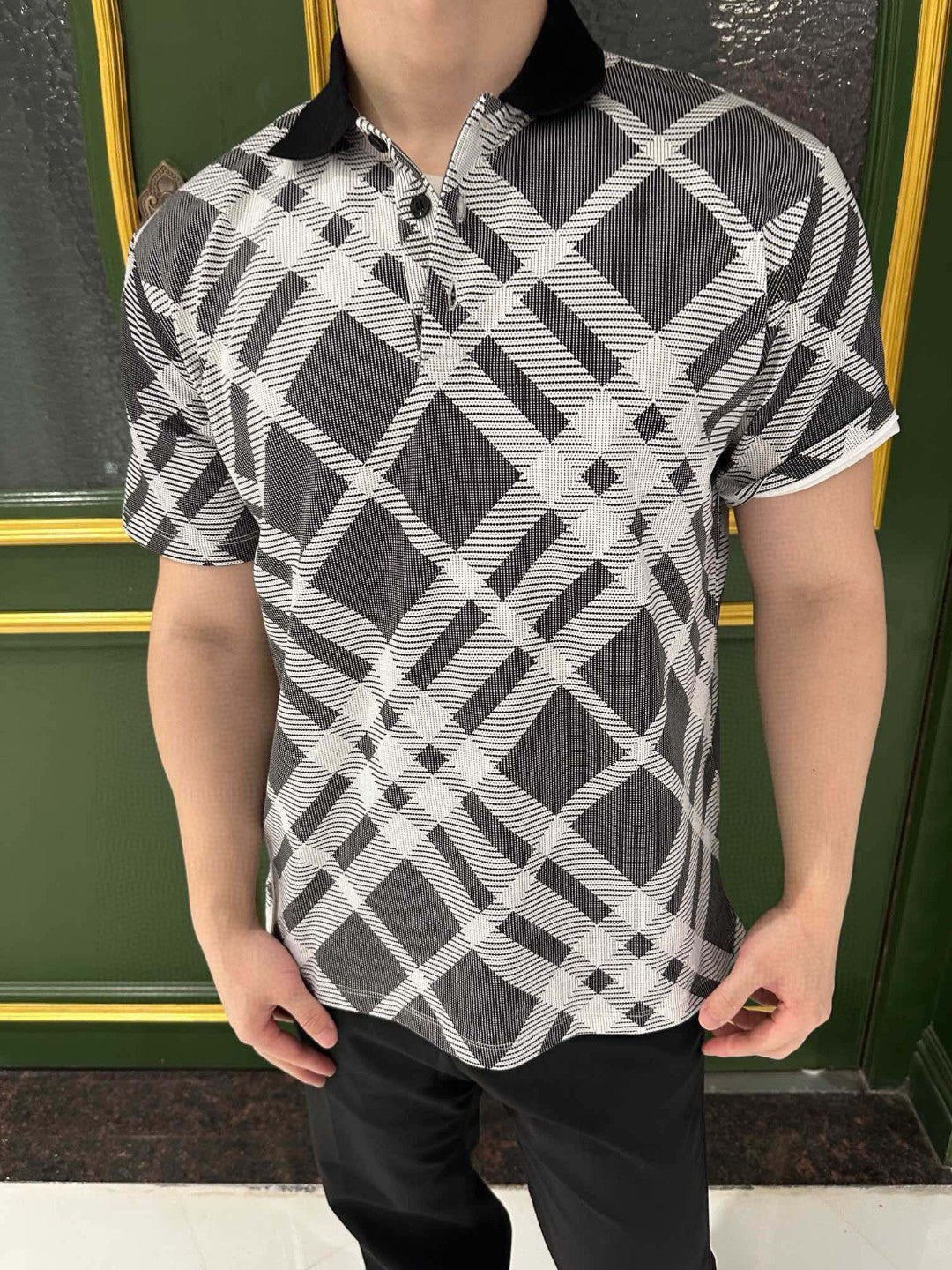 B**rry geometric check polo shirt (black and white)