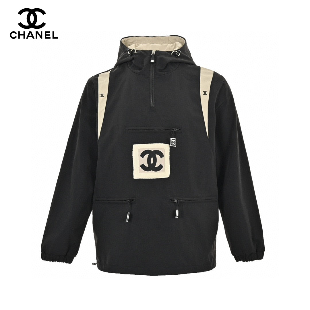 Ch*el two-tone hooded jacket