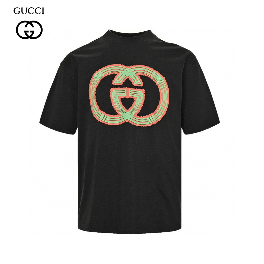 G*u*i multicolor interlocking g logo black t-shirt