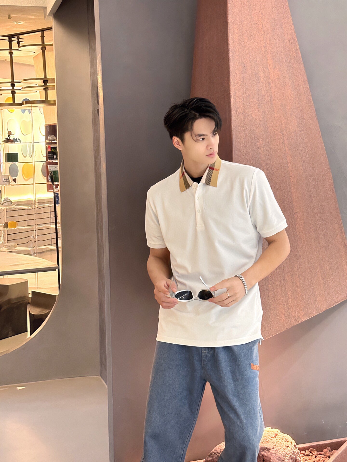 B**rry check collar polo - white