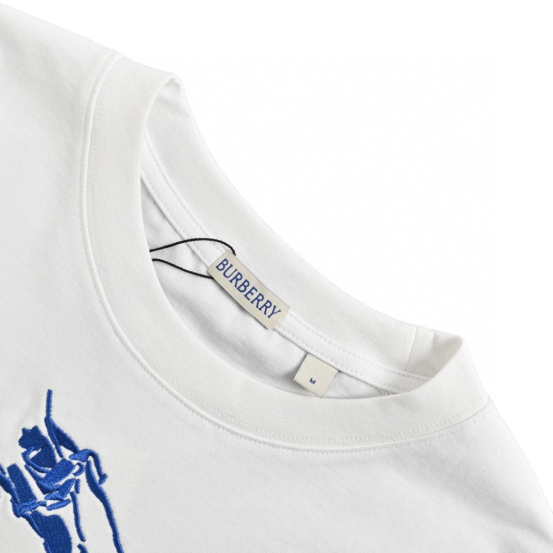 B**rry white t-shirt with blue equestrian knight logo