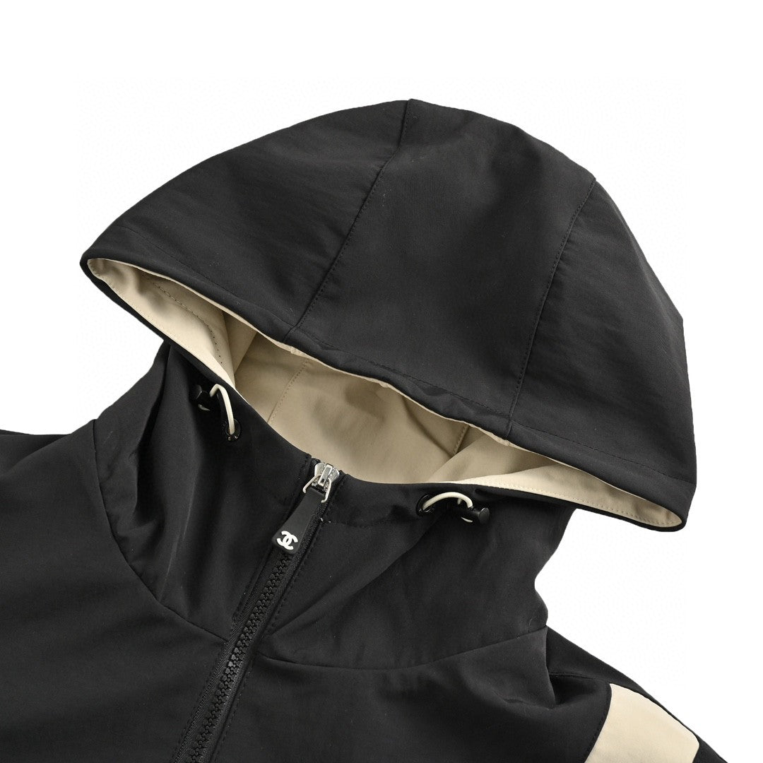 Ch*el two-tone hooded jacket