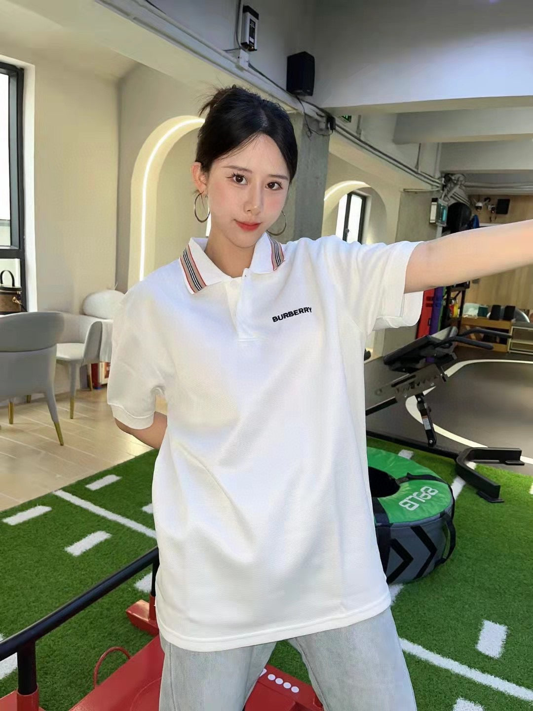 B**rry striped collar white polo shirt