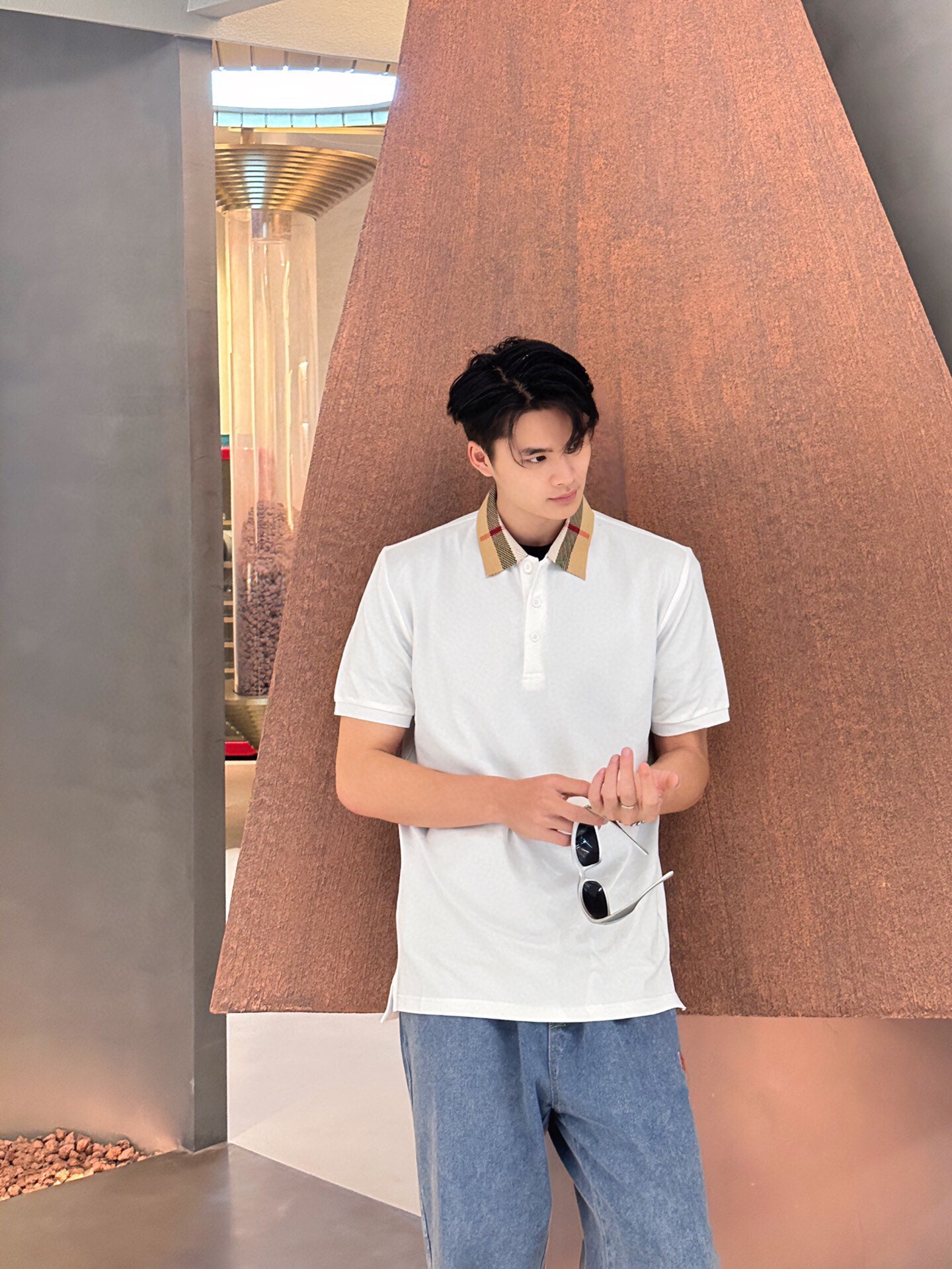 B**rry check collar polo - white